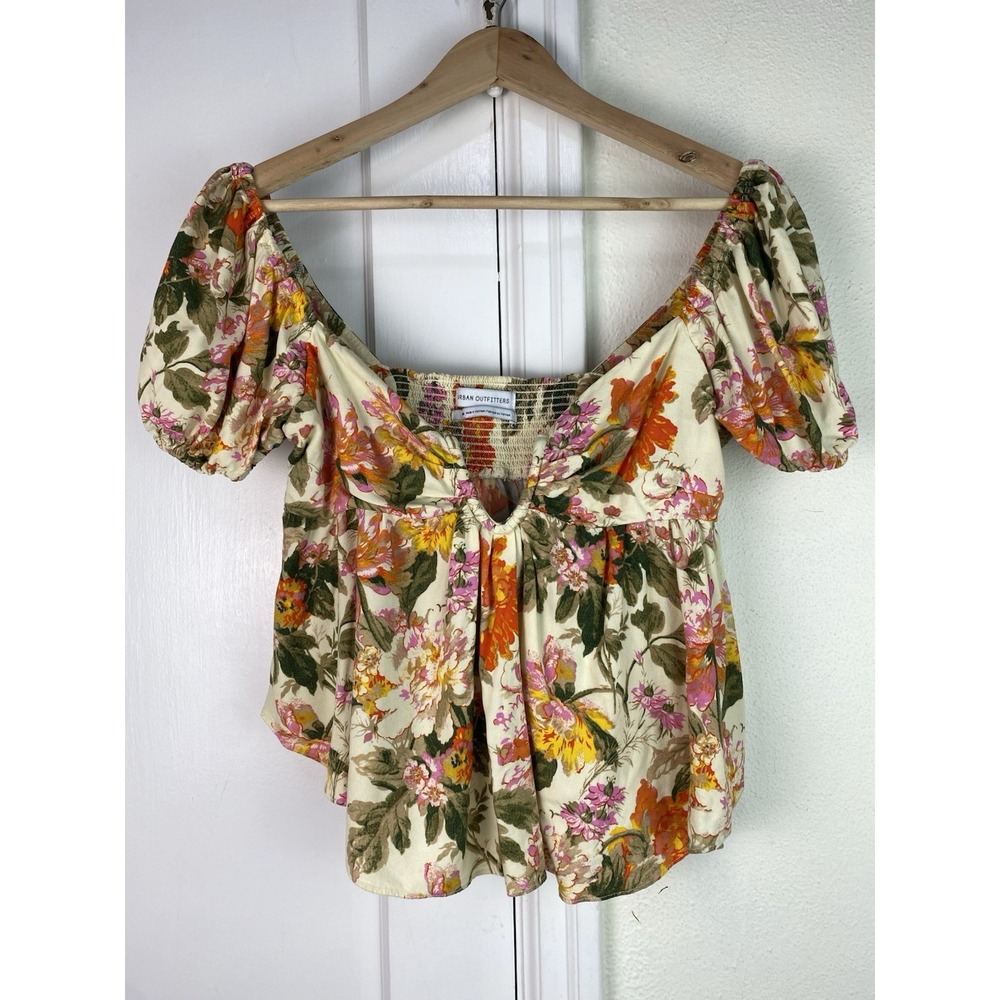 Urban Outfitters Women's M Ivory Orange Floral Puff Sleeve Crop Top